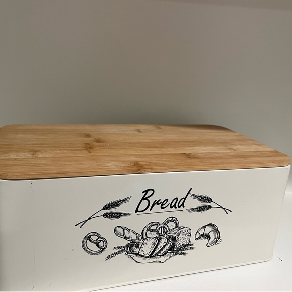 Kitchen Counter Ivory Color Tin Metal Bread Box Bin Handles Bamboo Cover 15x7x5 - Picture 9 of 9
